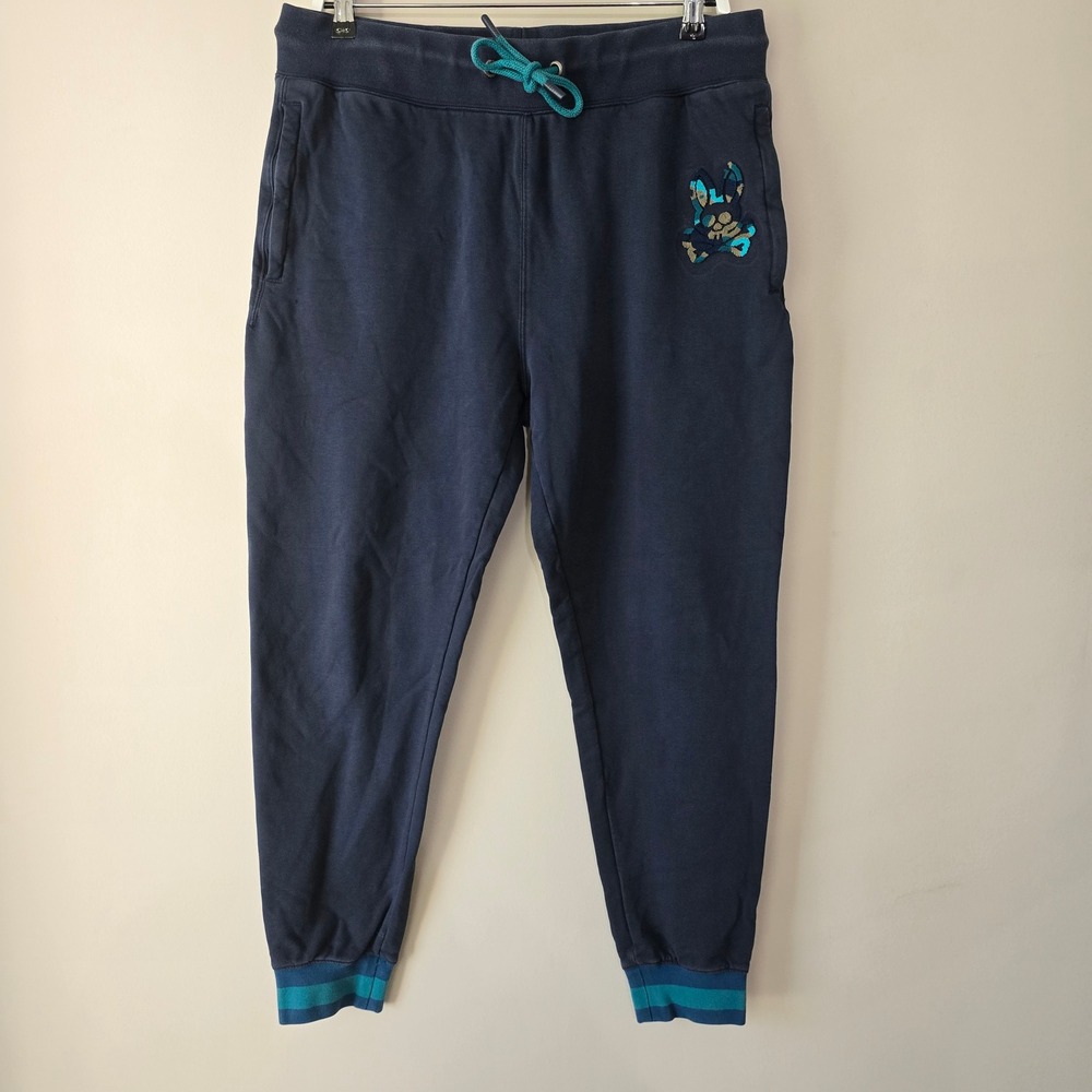 Psycho Bunny Mens Navy Blue Camo Logo Joggers Sweatpants‎ Striped Cuffs Size L